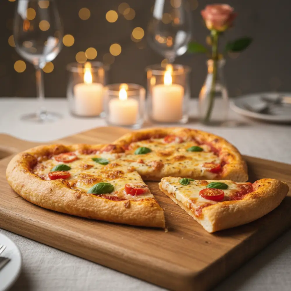 Heart-shaped vegan pizza served for date night