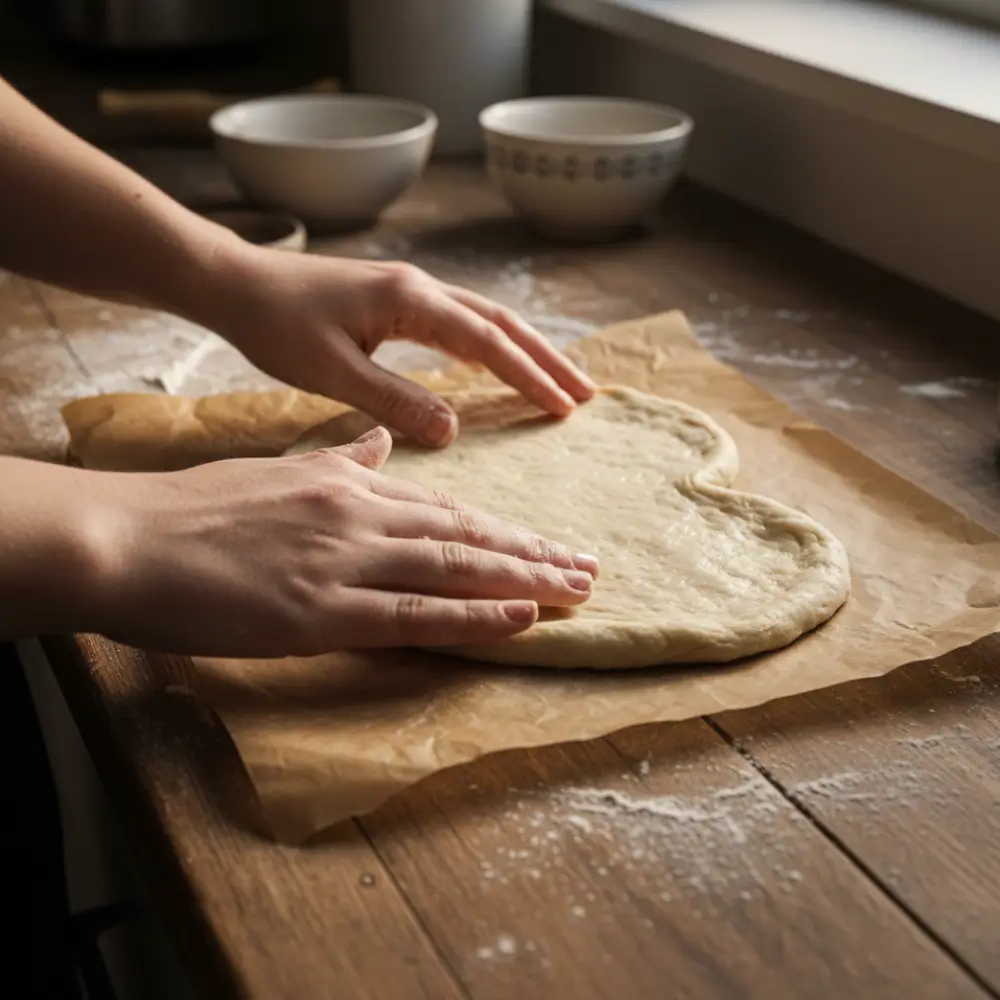 Shaping dough for heart-shaped vegan pizza