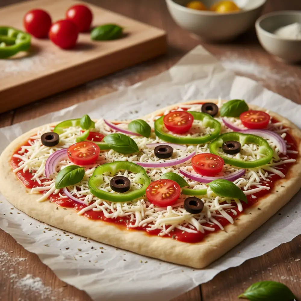 Vegan cheese and toppings on heart-shaped vegan pizza
